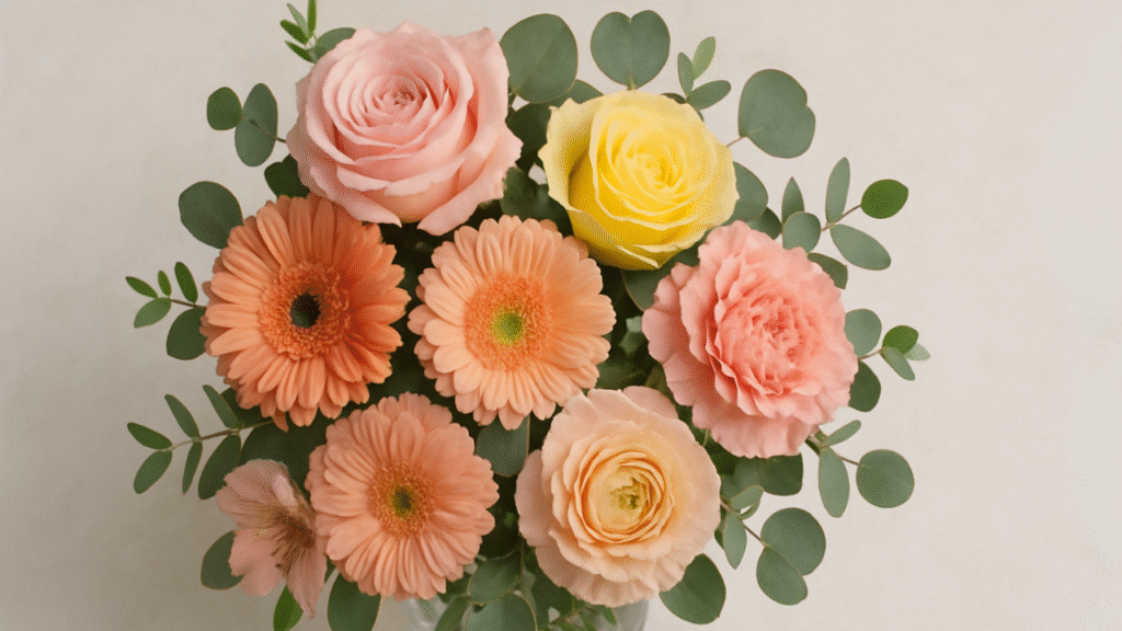 Overhead view of a balanced flower arrangement with mixed blooms in a glass vase

