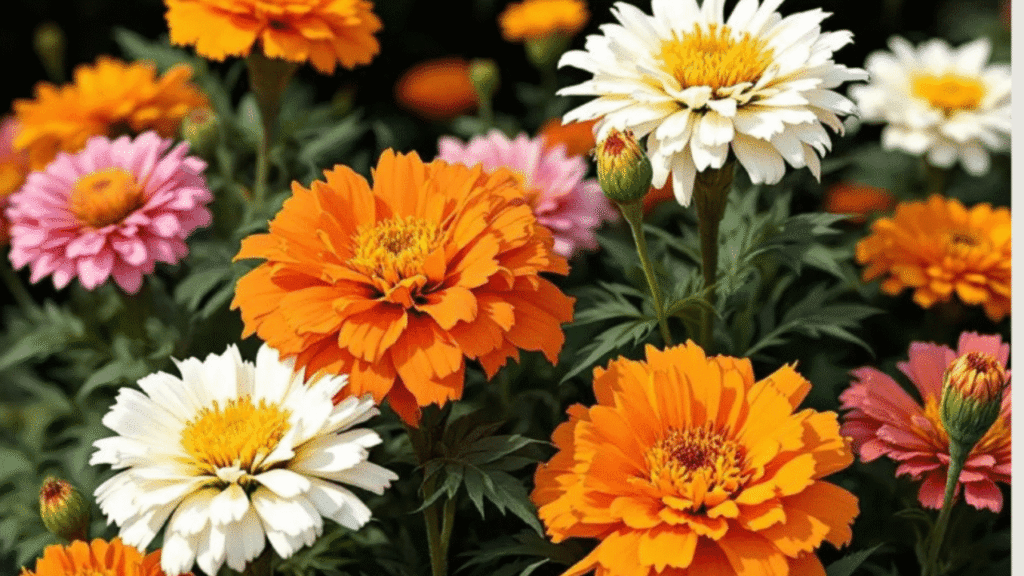 Marigolds planted alongside zinnias for companion planting"