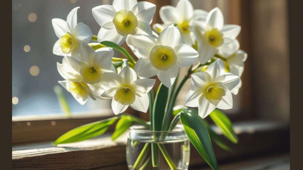 Paperwhite bulbs growing in glass vase with pebbles and water