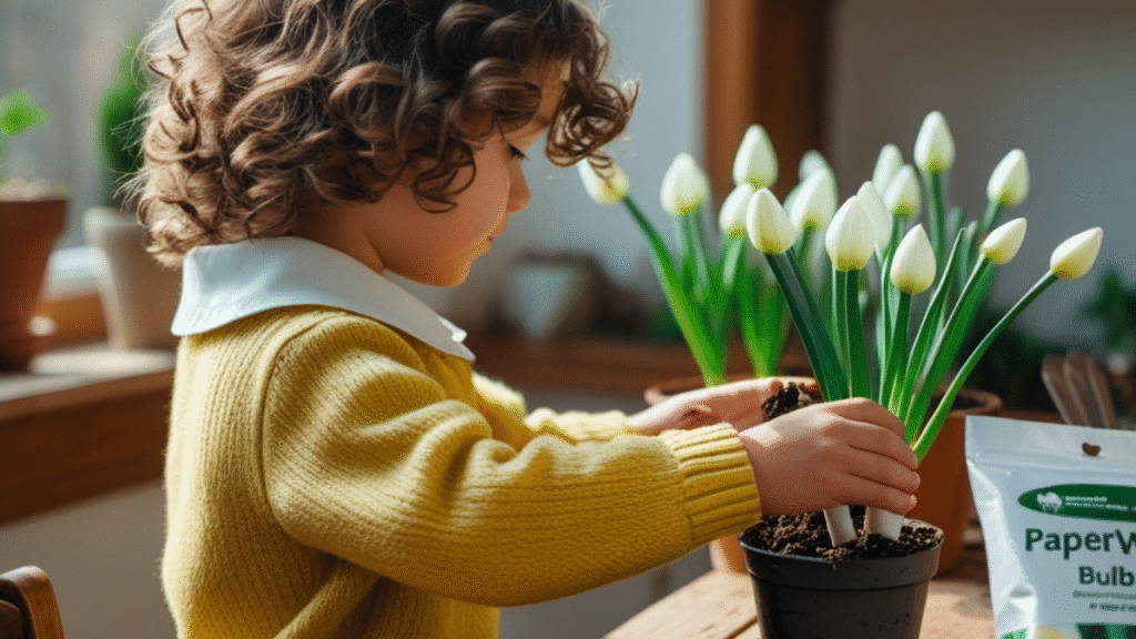 Child planting paperwhite bulbs indoors as a fun winter project