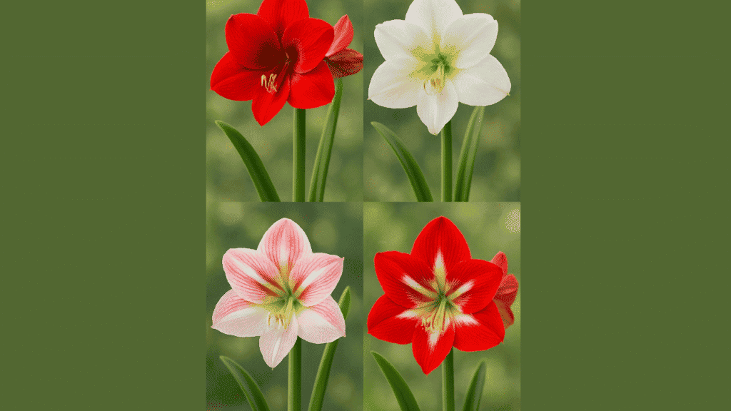 Popular amaryllis varieties for beginners including Apple Blossom, Red Lion, and Minerva