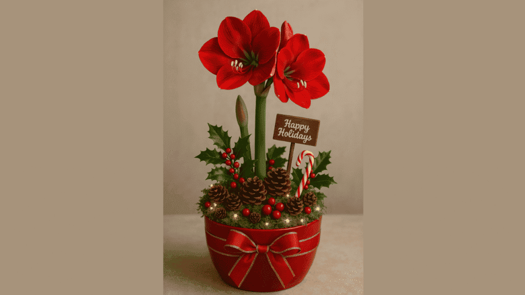 Blooming white amaryllis in a decorative holiday pot