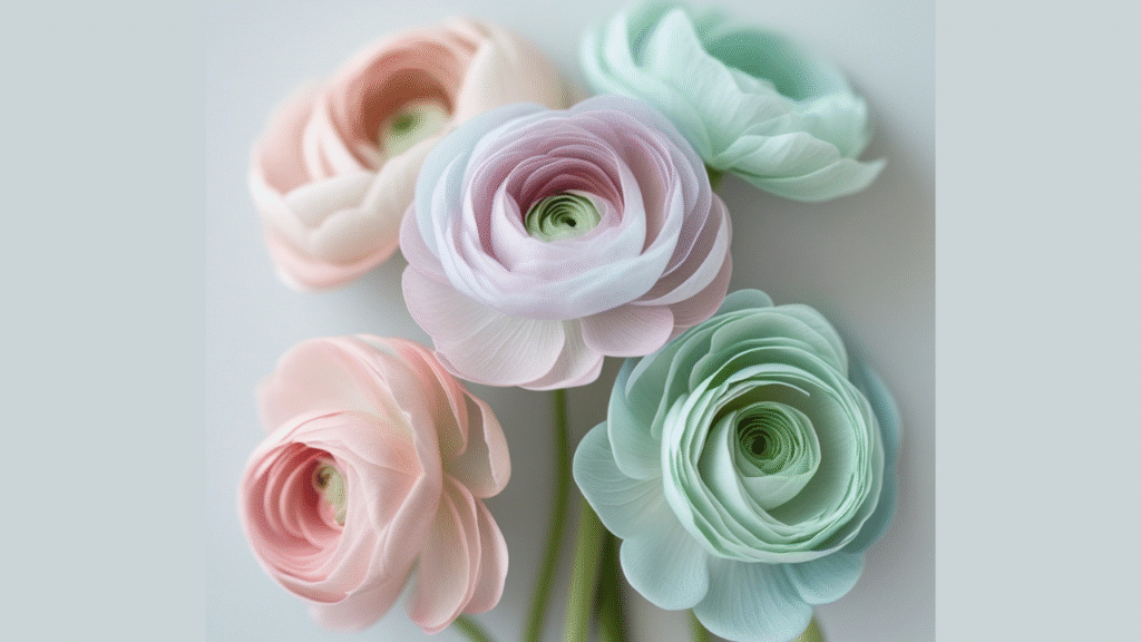 Close-up of layered ranunculus petals in pink, white, and peach tones"
