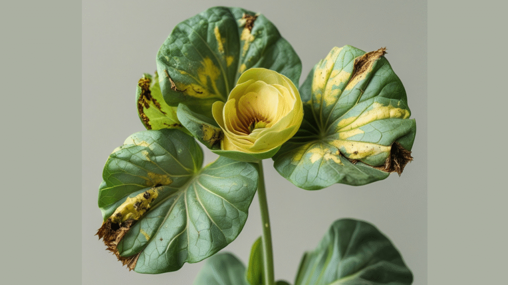"Ranunculus plant showing yellowing leaves and signs of aphid damage"