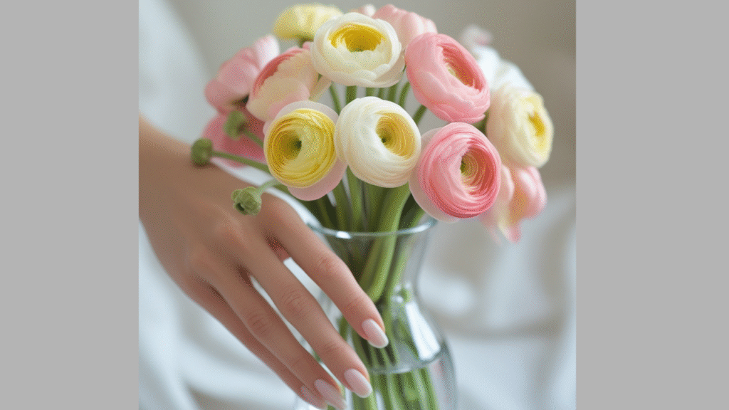 Hand harvesting ranunculus flowers and placing them in a vase"