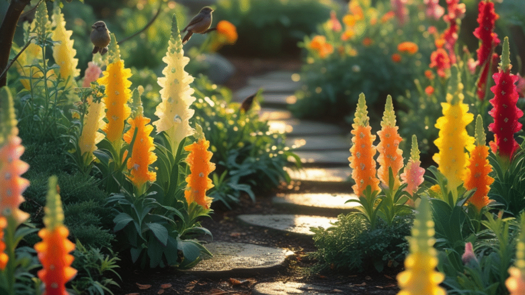  Blooming snapdragons in a spring cottage garden at sunrise, symbolizing hope and renewal

