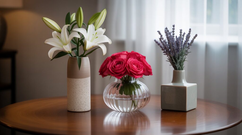 Different vase shapes and matching flowers for beginner floral designs.
