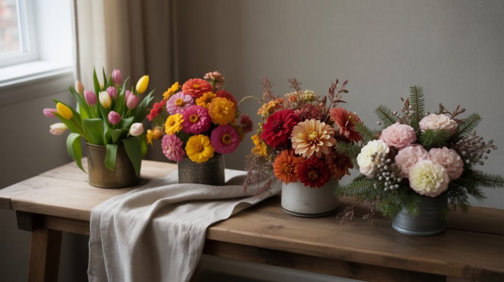 Seasonal flower arrangements for spring, summer, autumn, and winter