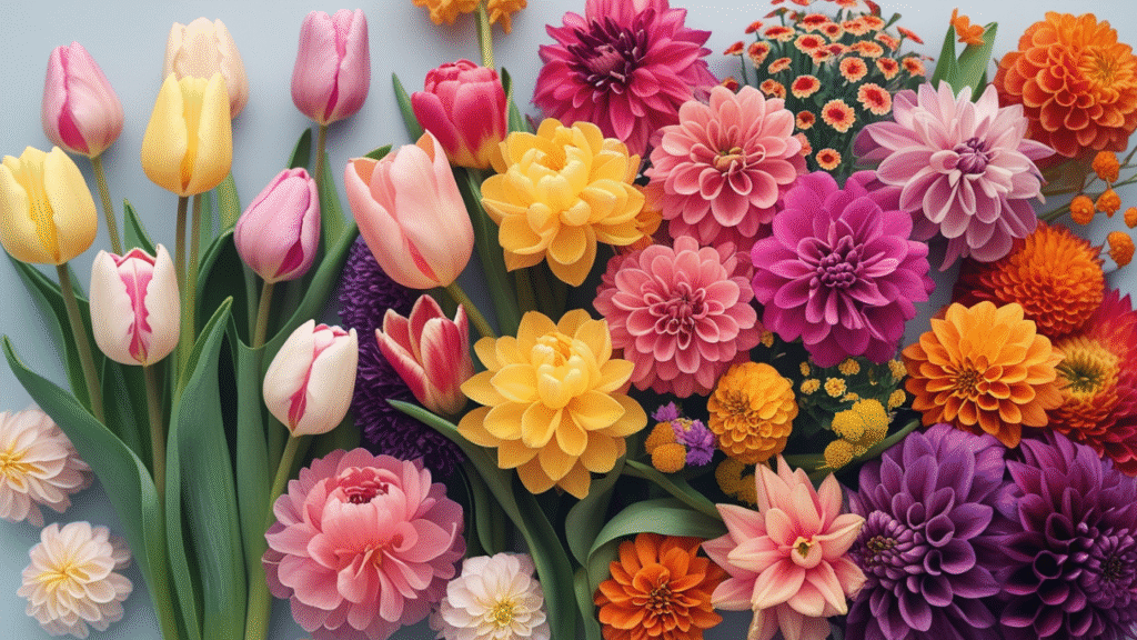 "Seasonal cut flower beds with spring tulips, summer zinnias, and autumn dahlias."