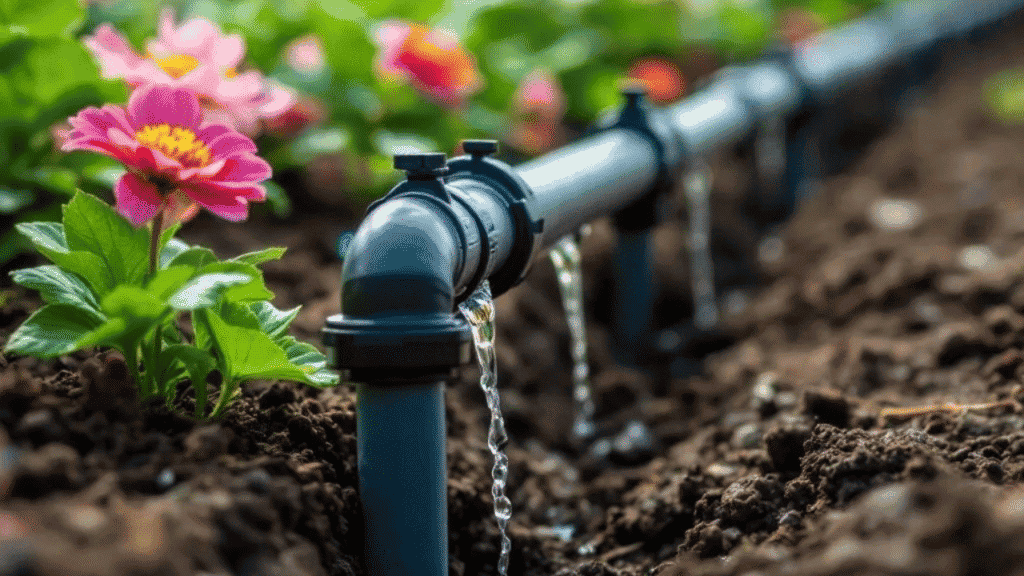 "Drip irrigation system installed in cut flower garden beds"