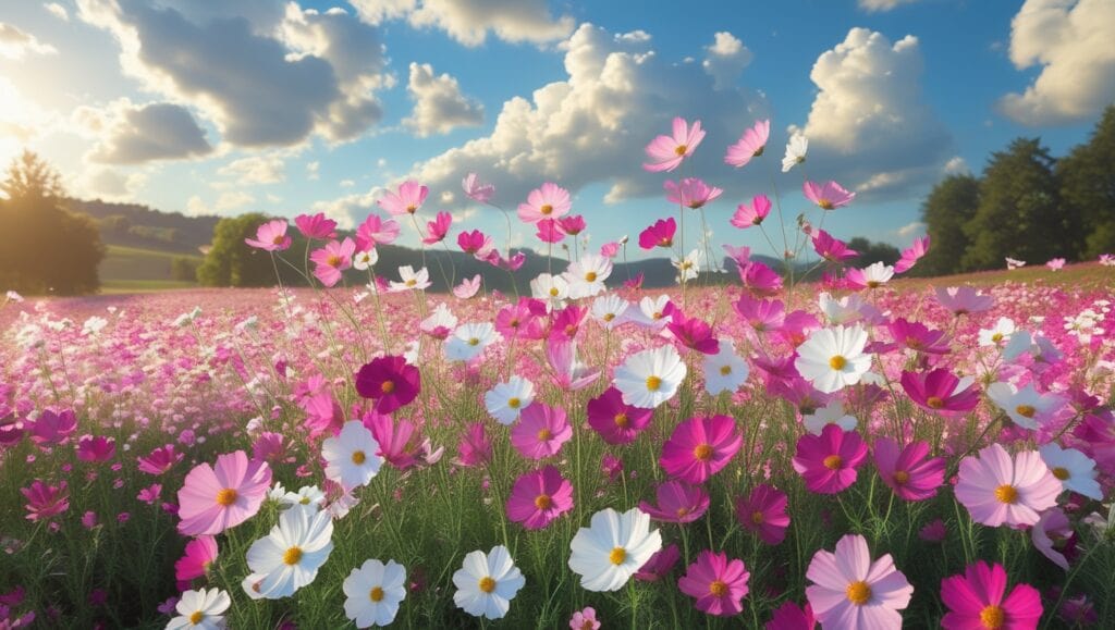 A wide shot of a lush flower field filled with tall, delicate blooming pink, white, and magenta cosmos flowers
