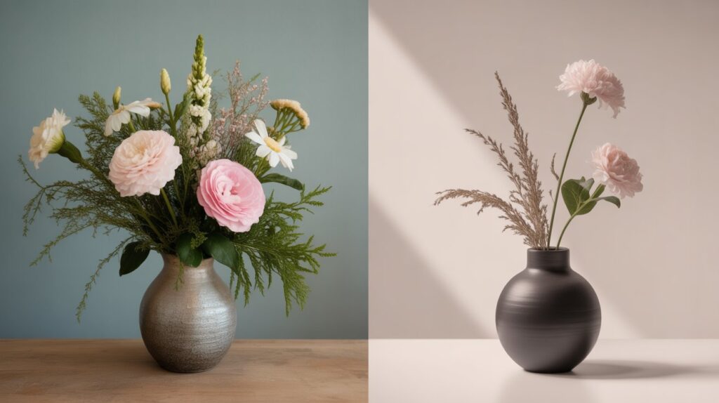 Examples of overcrowded, sparse, and balanced flower arrangements
