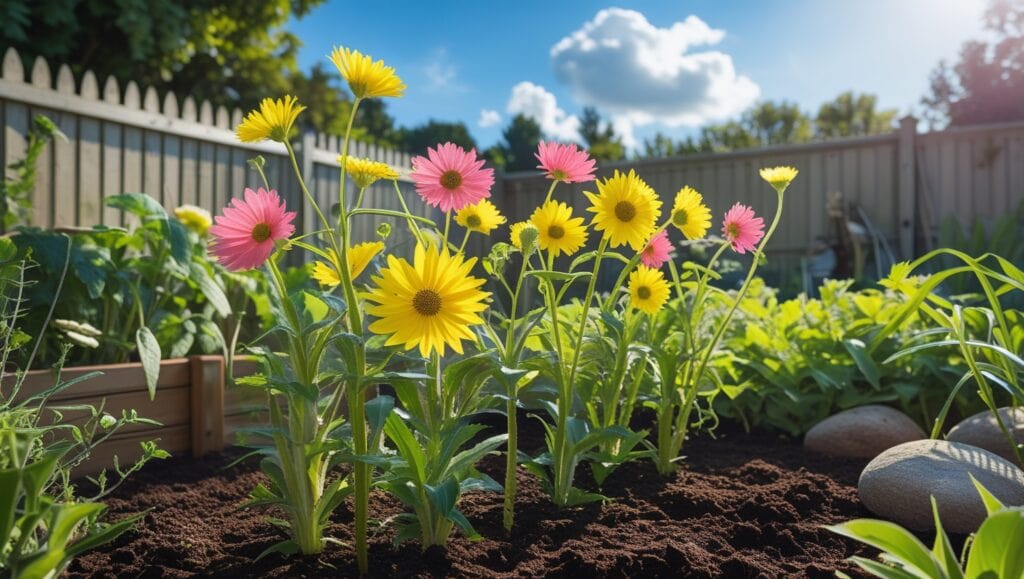 Strawflowers growing in a sunny garden bed, thriving in warm weather conditions.