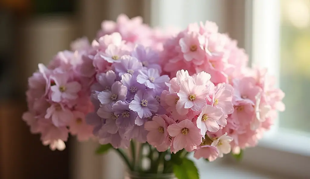 “Close-up of a mixed bouquet of freshly cut phlox flowers”