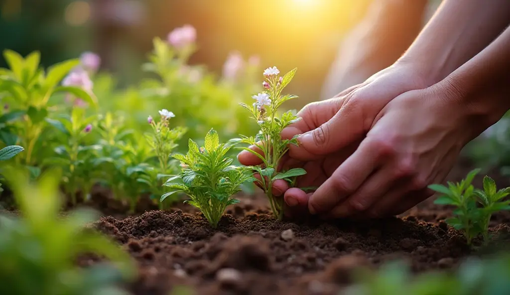 “Gardener planting phlox seedlings in a sunlit garden”