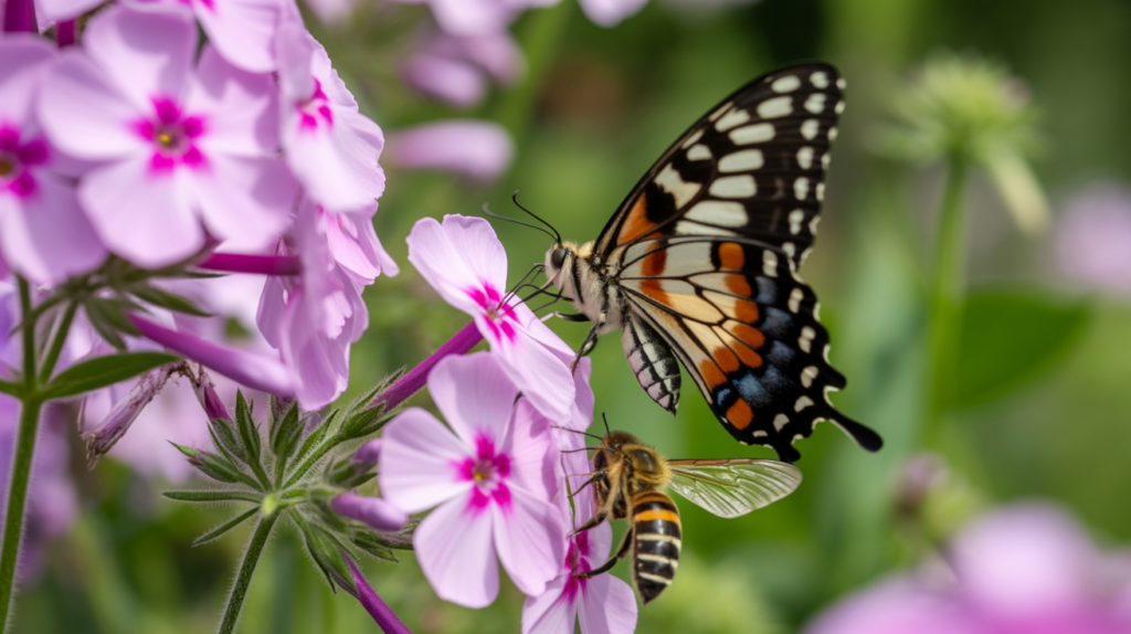 “Butterflies and bees visiting vibrant phlox flowers in full bloom”
