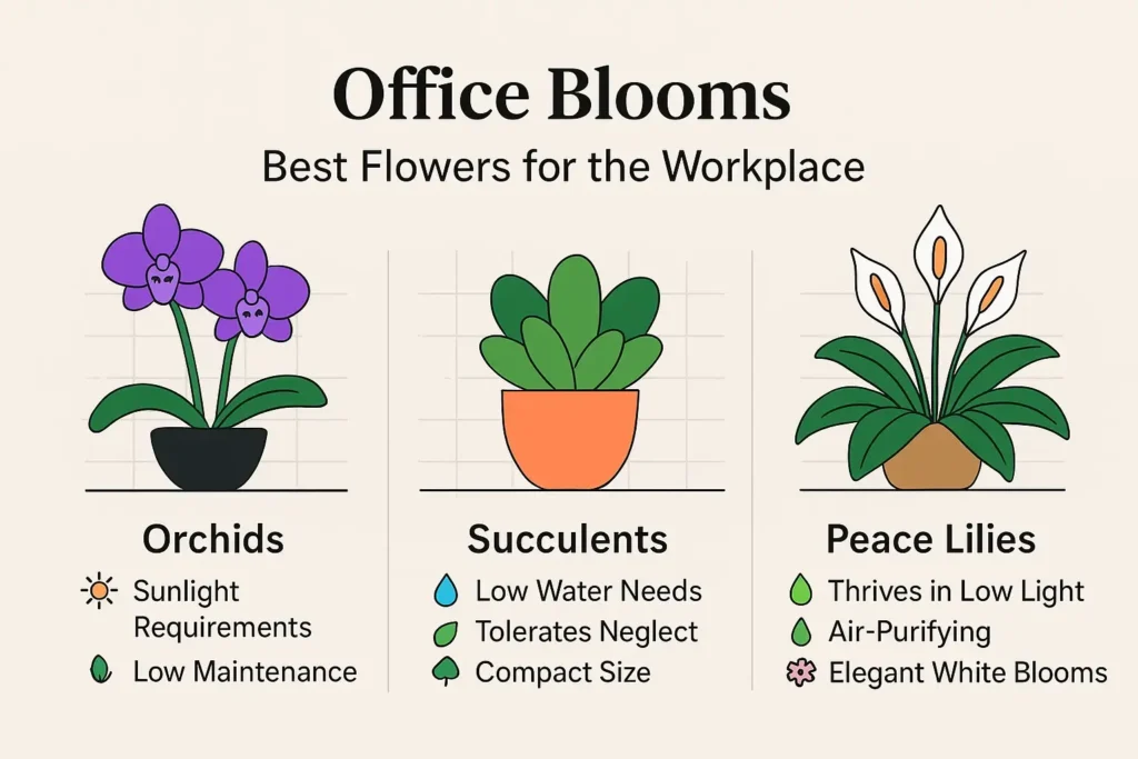 Infographic comparing best flowers for office environment