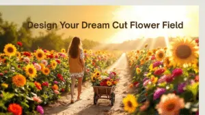 "Vibrant cut flower field with a central path and wheelbarrow of fresh blooms, ideal for garden design inspiration"