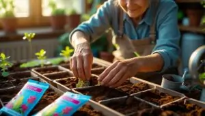 Gardener sowing Celosia seeds in seed trays indoors with natural sunlight