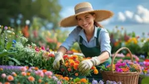 "Gardener harvesting blooms from a well-planned cut flower bed"