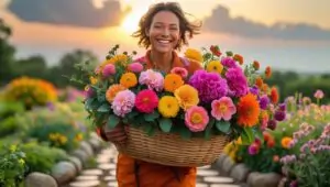 Gardener carrying a basket of freshly cut flowers at sunset, symbolizing the joy of a thriving cut flower garden.