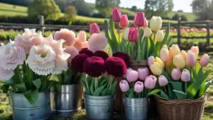 A lush mixed flower garden combining vibrant annuals and elegant perennials, layers of colors with structured tall plants in the back and shorter blooms in front, a balanced, abundant cutting garden, warm afternoon light, cottage garden atmosphere — realistic lifestyle garden photography.