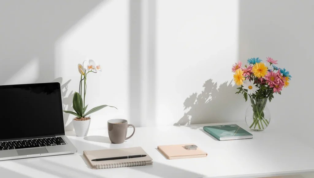 Bright office desk with orchids and daisies in a vase
