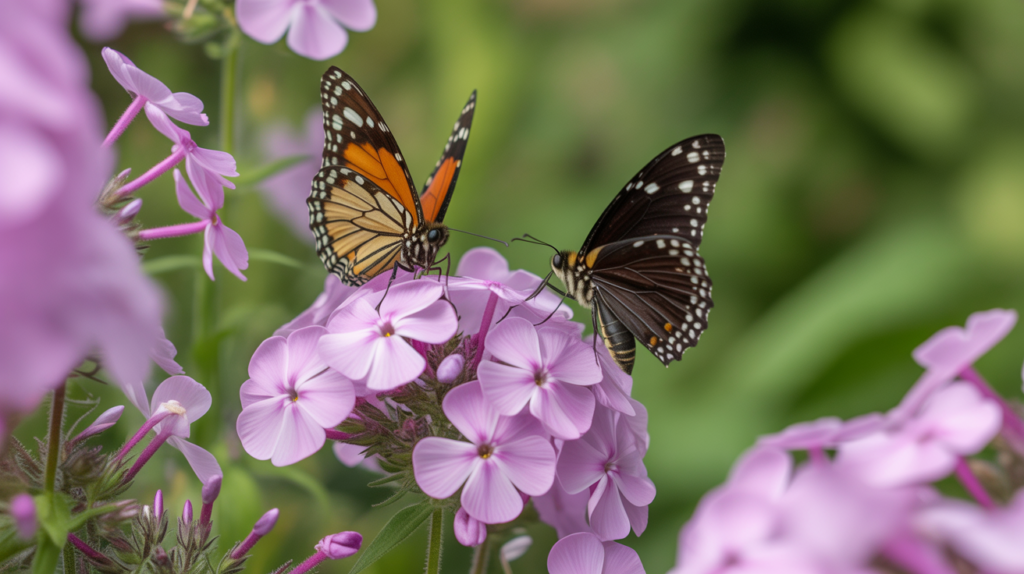 “Butterflies and bees visiting vibrant phlox flowers in full bloom”
