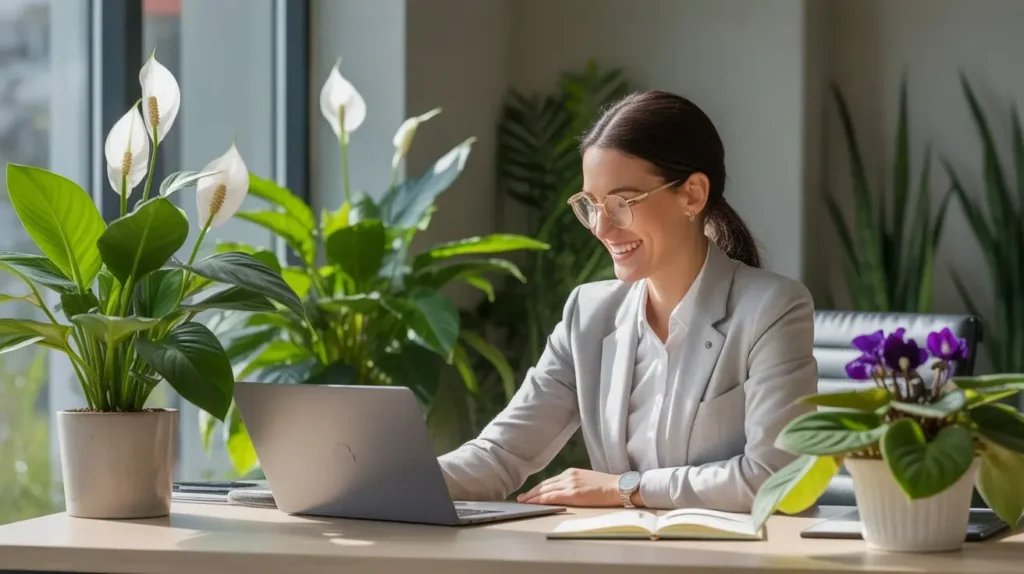Employee working at desk with peace lilies and African violets in office