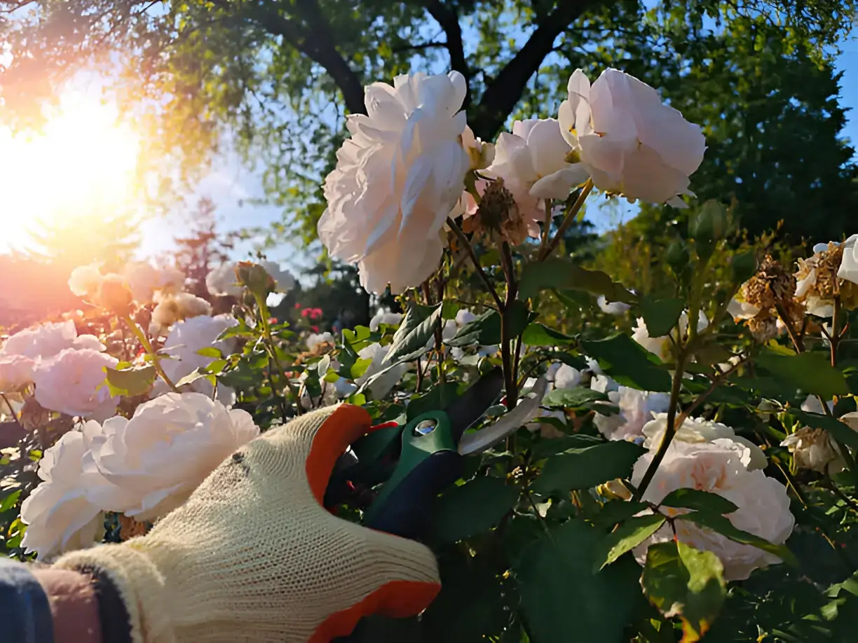 Cutting roses with pruning shears in the garden early morning.”