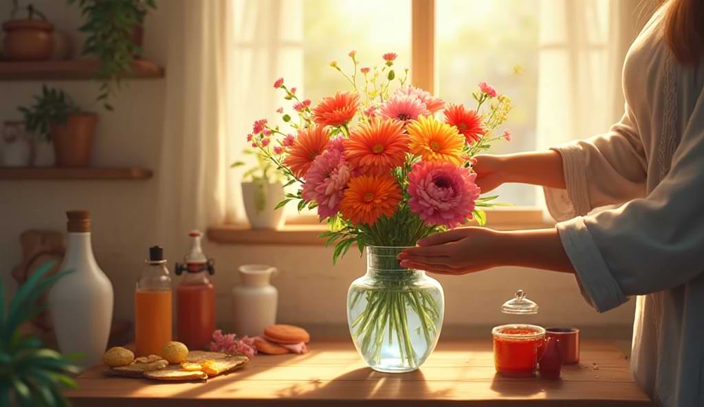 Person changing vase water to keep cut flowers fresh and clean