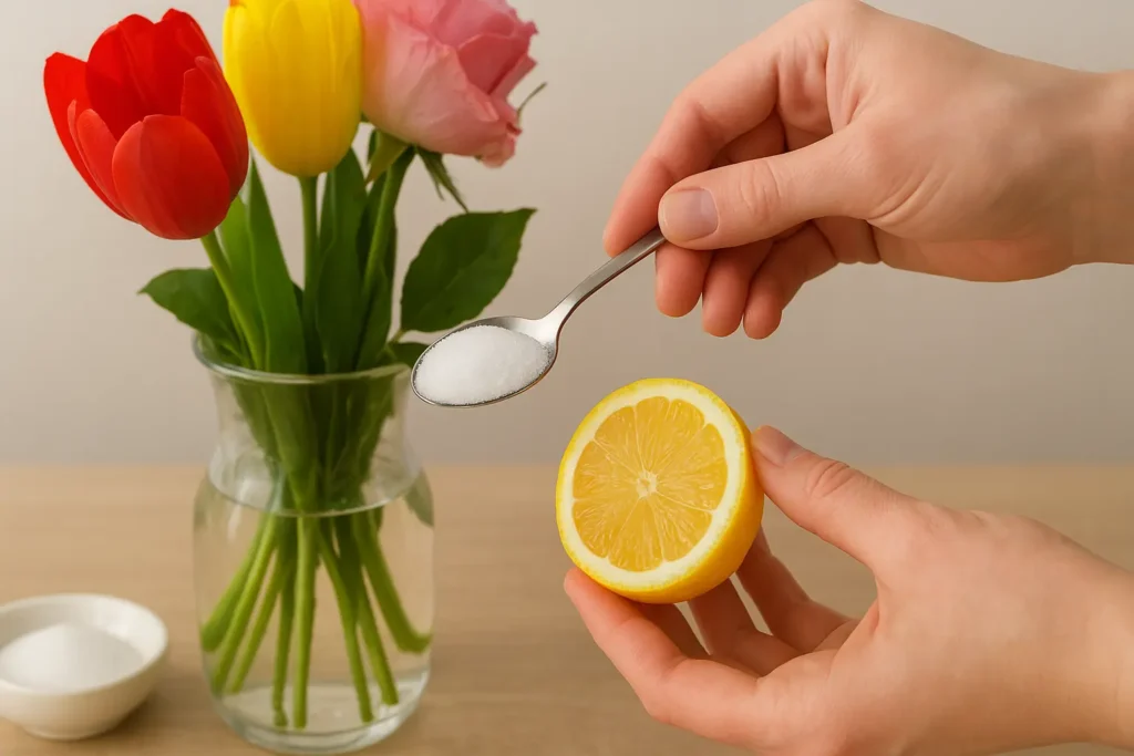Hand adding sugar and lemon into vase water to keep cut flowers fresh longer