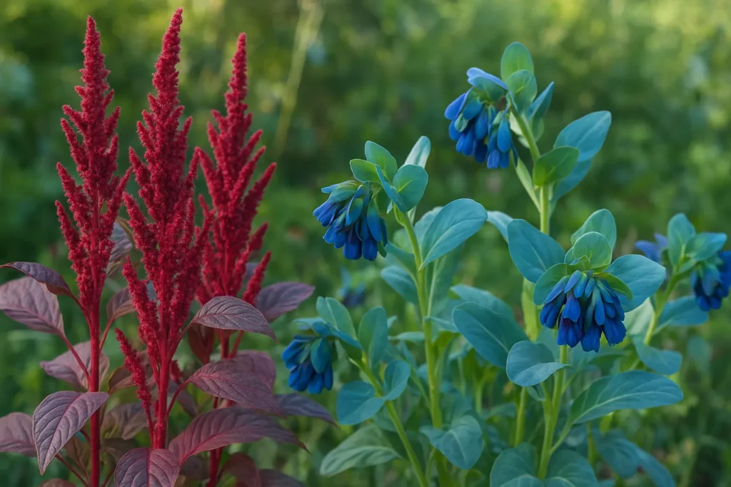 Amaranth and Cerinthe flowers growing together, showing contrasting red plumes and blue blooms in a garden.