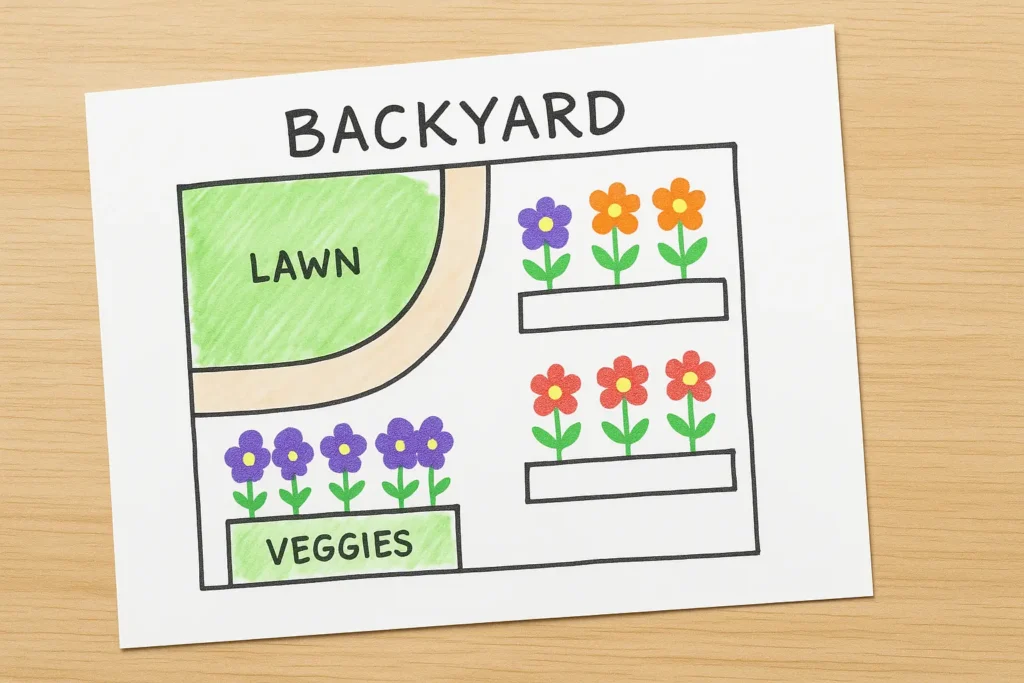 “Simple hand-drawn garden map showing flower bed layout in a small backyard.”