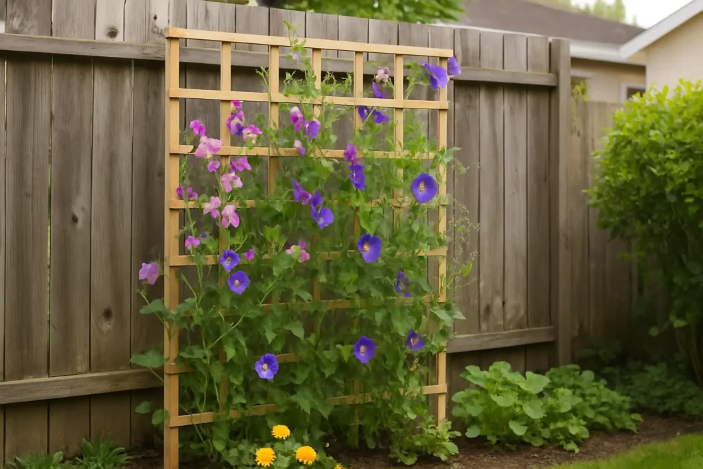 “Vertical trellis covered with blooming sweet peas in a small backyard garden.”