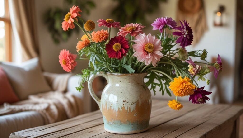 Bright DIY flower centerpiece on a rustic wooden table