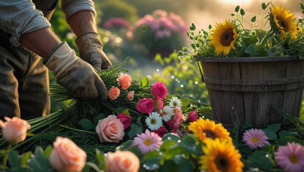 “Gardener harvesting fresh cut flowers early in the morning.”