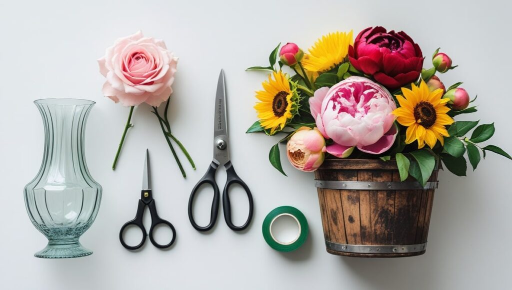 “Basic tools and supplies for making a DIY flower centerpiece.”