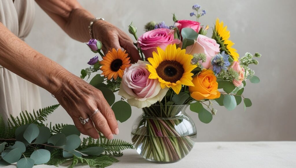 “Arranging greenery and flowers step by step to create a centerpiece.”
