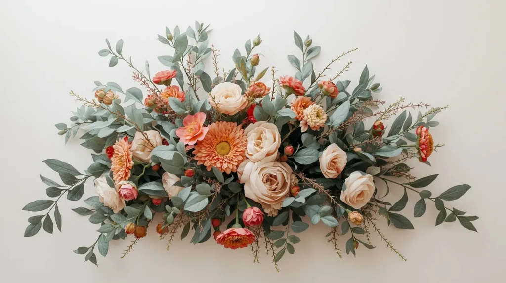 “Floral bouquet with silver-green Elaeagnus foliage adding texture to heat-tolerant summer flowers”