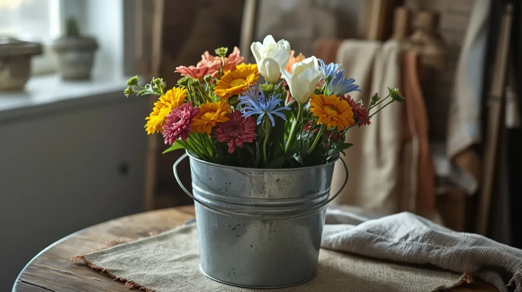 Freshly cut flowers being conditioned in clean water before arranging