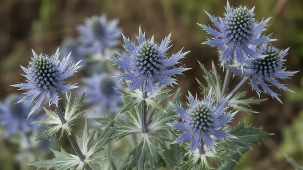Close-up of Sea Holly flowers showing spiky blue blooms and silvery-green leaves.