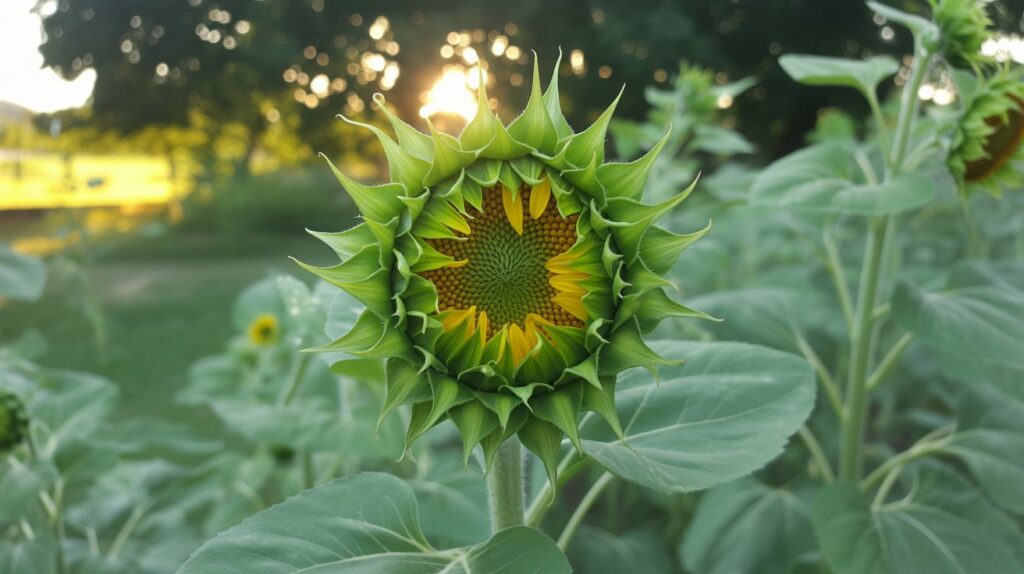 Realistic Sun Fill Green F1 Sunflower with layered green sepals and a yellow-green center glowing under natural sunlight in a summer garden.