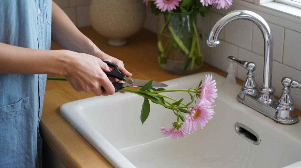 Person cutting flower stems at an angle before placing them in water