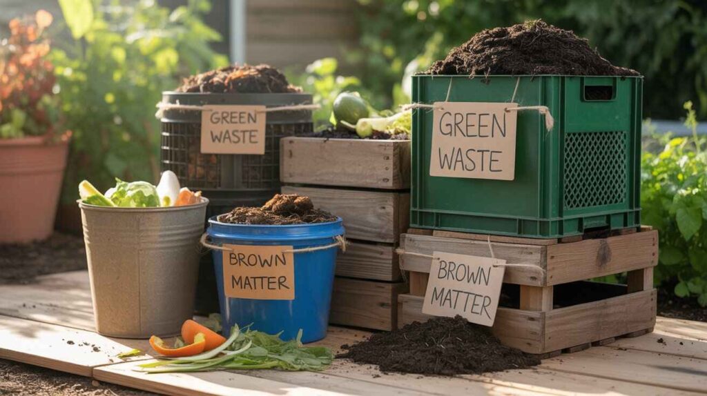 “Homemade compost bin and recycled containers used for gardening.”
