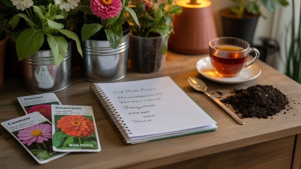 Gardener planning succession planting with flower seed packets and garden notes on a wooden table.