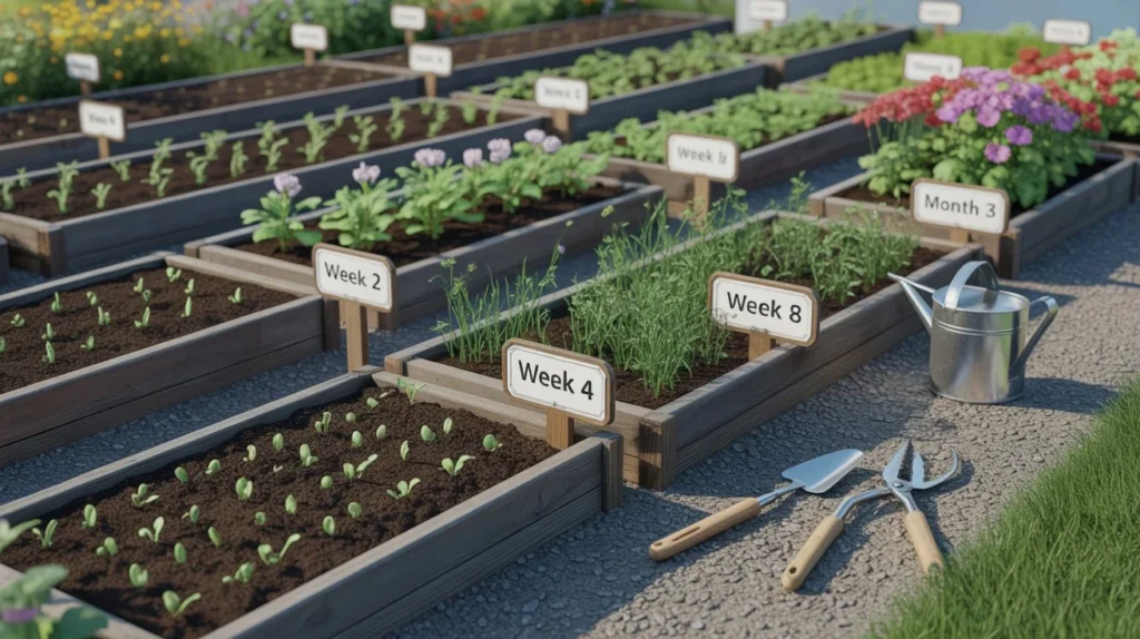 Illustration of staggered sowing for succession planting with different plant growth stages in garden beds.