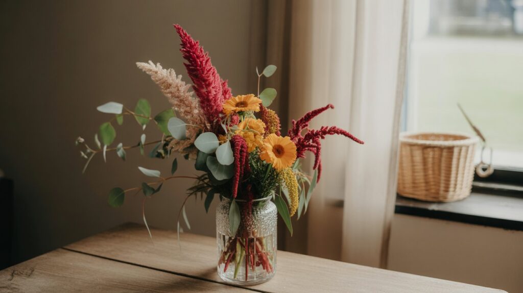 “Rustic bouquet of heat-tolerant cut flowers including Celosia, Marigolds, Eucalyptus, and Amaranth in a summer garden setting”