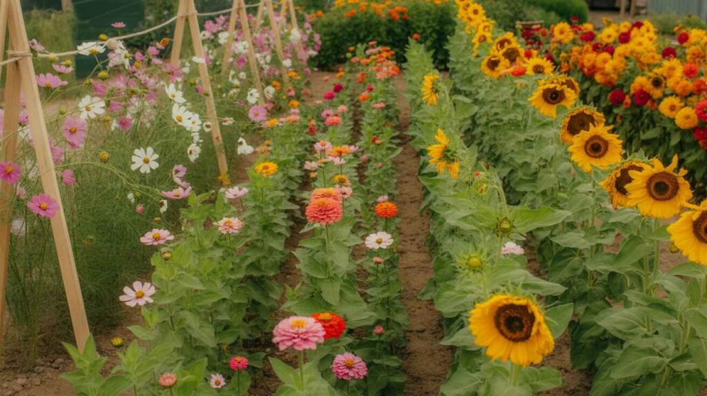 Vibrant rows of easy annual flowers showing how affordable blooms create impact.