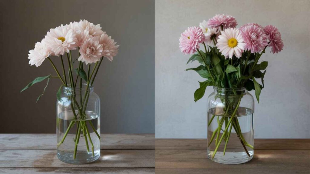 Comparison of wilted flowers in dirty water versus fresh flowers in clean water